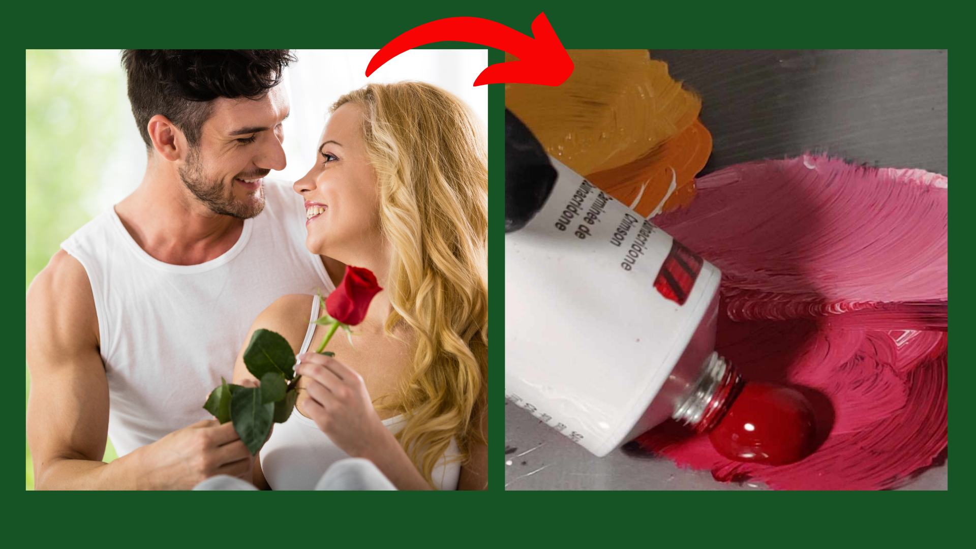 Forstå farvernes sprog! Illustrationen viser hvordan farven i den røde rose, har en stor betydning, når manden giver sin hjertenskær sin rose. Dermed skal det understrege hvor vigtig farvernes betydning har og den viden, vi dermed kan opnå bestemte mål med valget af farver til bestemte lejligheder. Billede 1 viser en mand, der hengivent viser sin kærlighed til en kvinde i form af en rød rose, smil og varmt blik. Næste billede viser blanding af røde nuancer på paletten, da netop farven på rosen, tilkendegiver mandens følelser for kvinden.