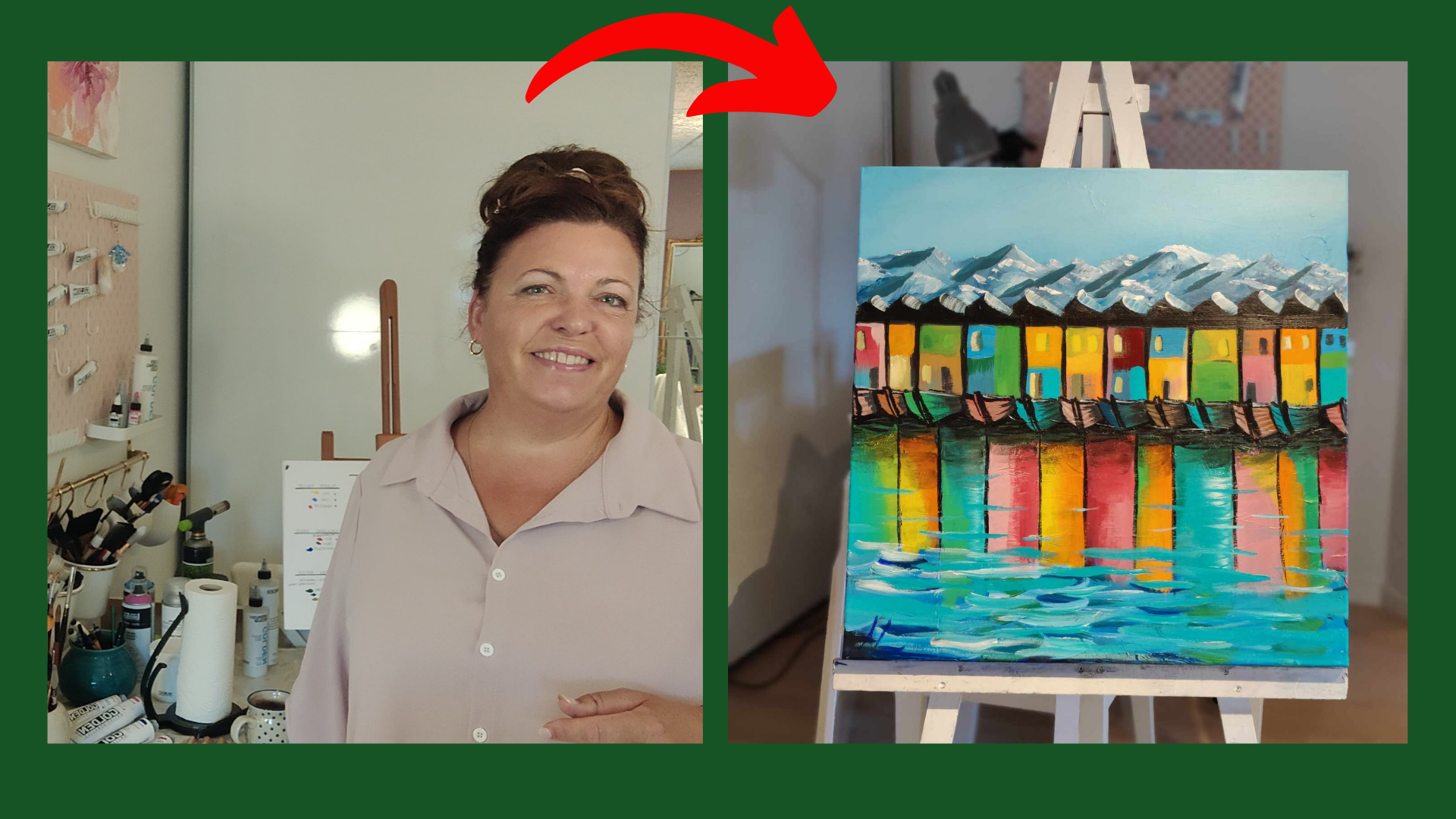 Kreativ frihed ! Her underviser Anni fra Artistry Lounge i det online malekursus "Klog på farver" hvordan du opnår de farveudtryk, du gerne vil have frem i dine malerier. Billede 1 viser Anni, der underviser i farveteori, og billede 2 hvordan et maleri er resultatet af bevidst farvevalg for at opnå visse effekter i maleriet, der er inspireret af havnen i Bergen.