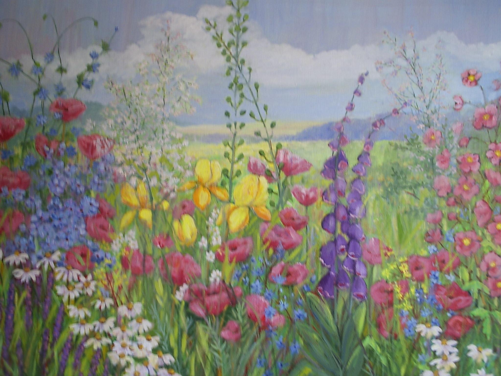 Smuk landskabs-og blomstermaleri af Karin Hermansen