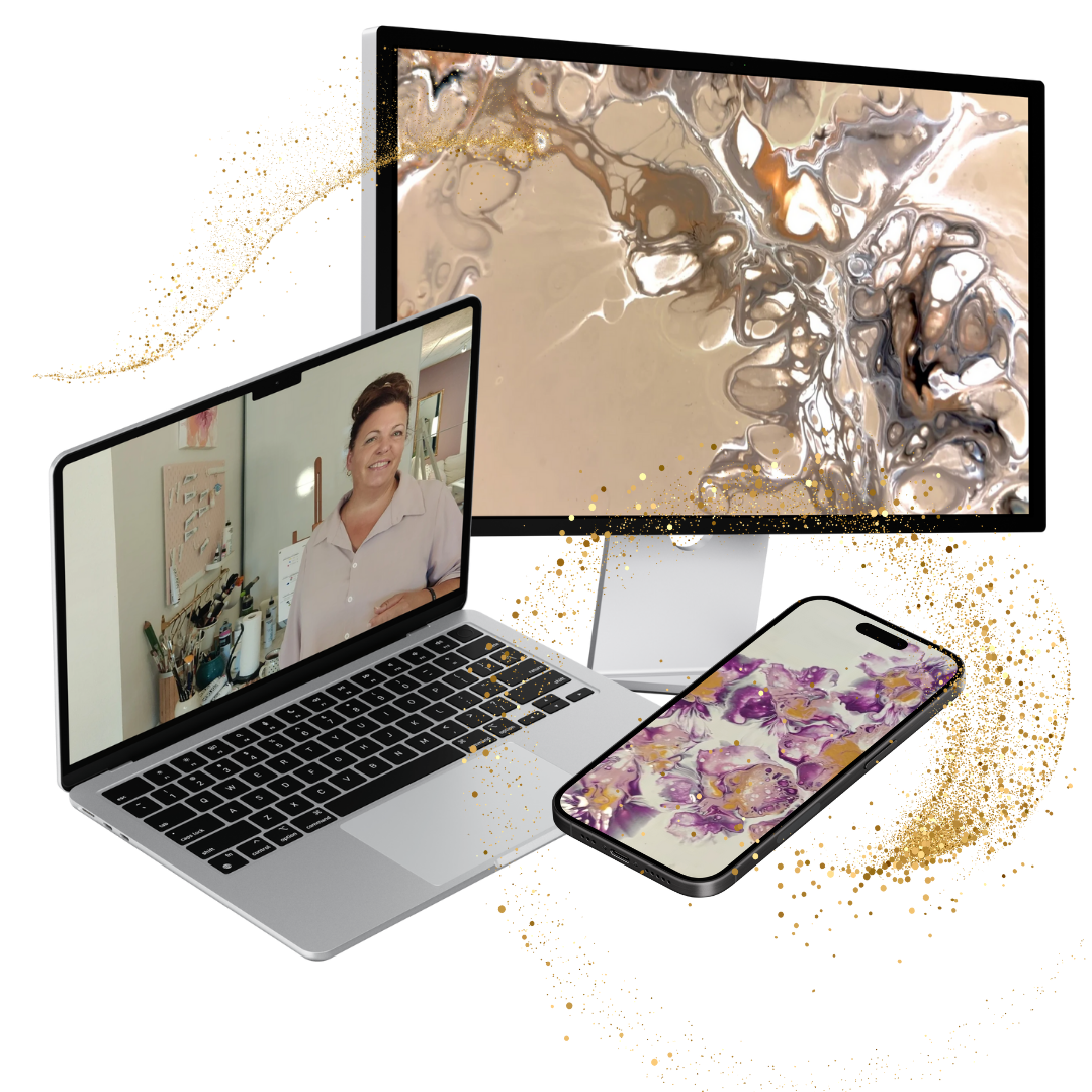 Artistry Lounge,Div devices med Magic Pouring online malekursus. Når man har købt adgang til kurset, kan du tilgå fra alle dine skærm-enheder. Dermed har du friheden til at se modulerne når og hvor, det passer dig bedst.